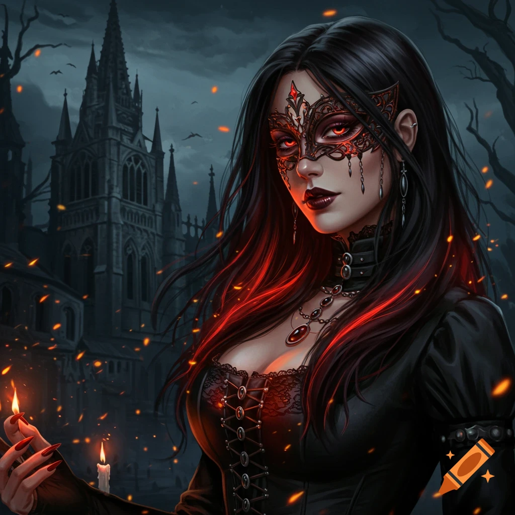 A gothic woman with a red mask and fiery red hair, holding a lit candle, in front of a dark castle at night.