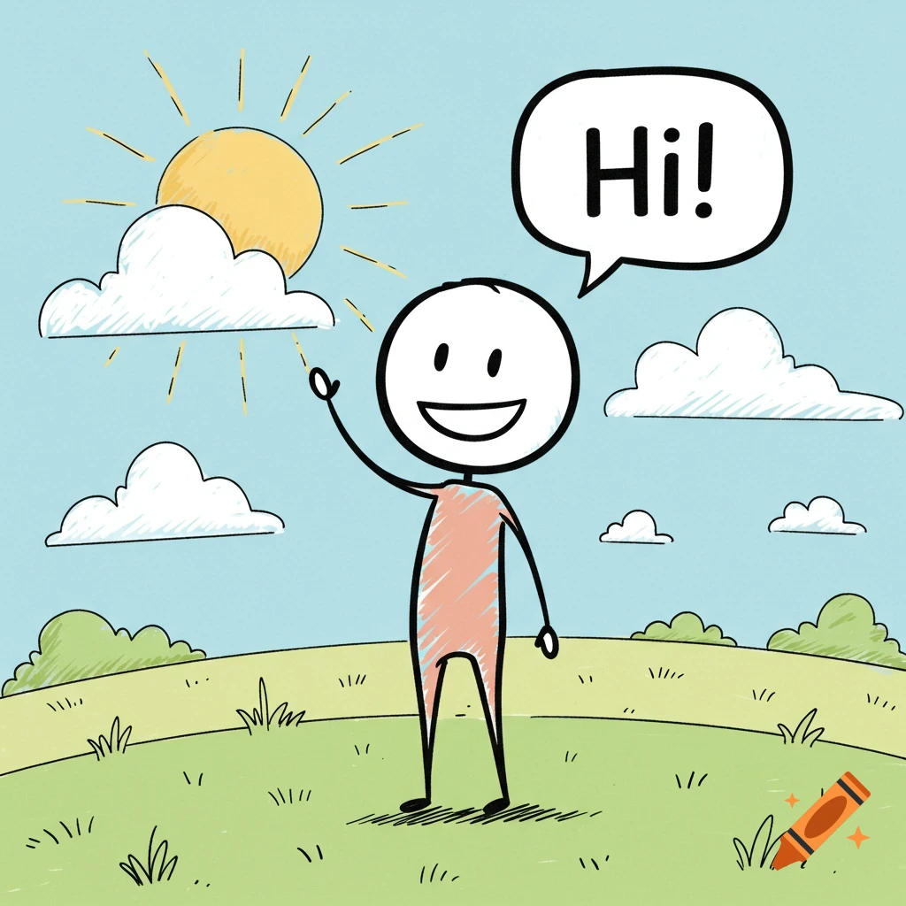 A happy doodle stick figure waves hello under a sunny sky in a grassy landscape.