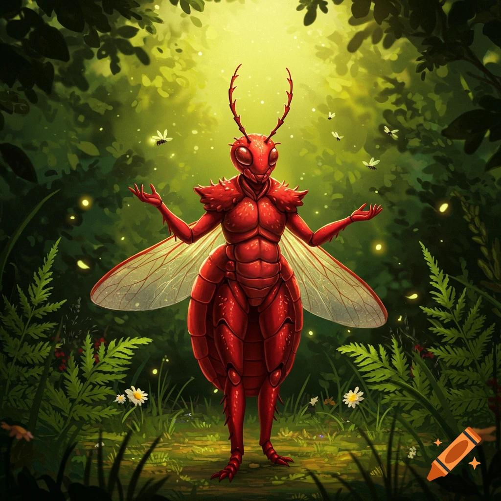 A vibrant red bug-like humanoid creature with wings and antennae stands in a glowing green forest with fireflies.