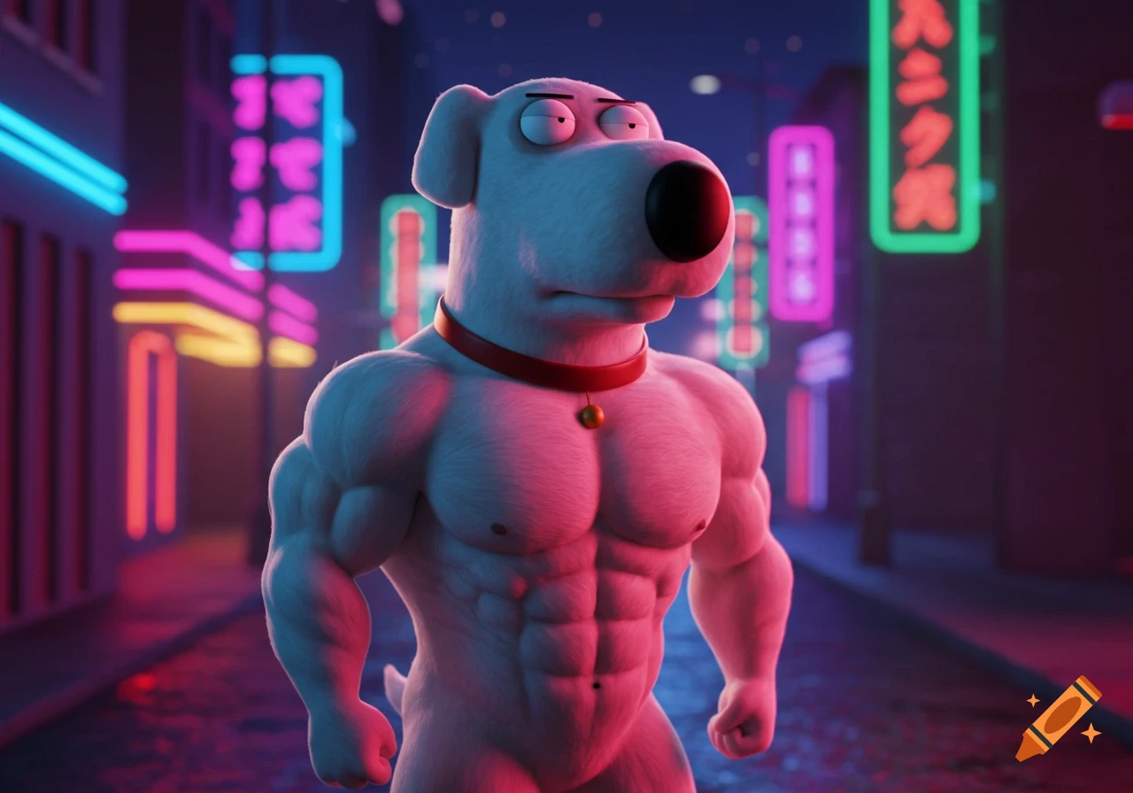 A buff Brian the dog from Family Guy stands on a neon-lit city street at night, with defined muscles and a red collar.