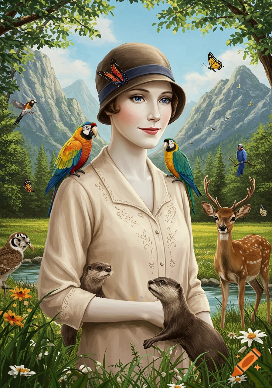 A woman in a 1920s cloche hat and blouse stands in a lush mountain landscape, surrounded by colorful parrots, otters, a deer, an owl, and butterflies.