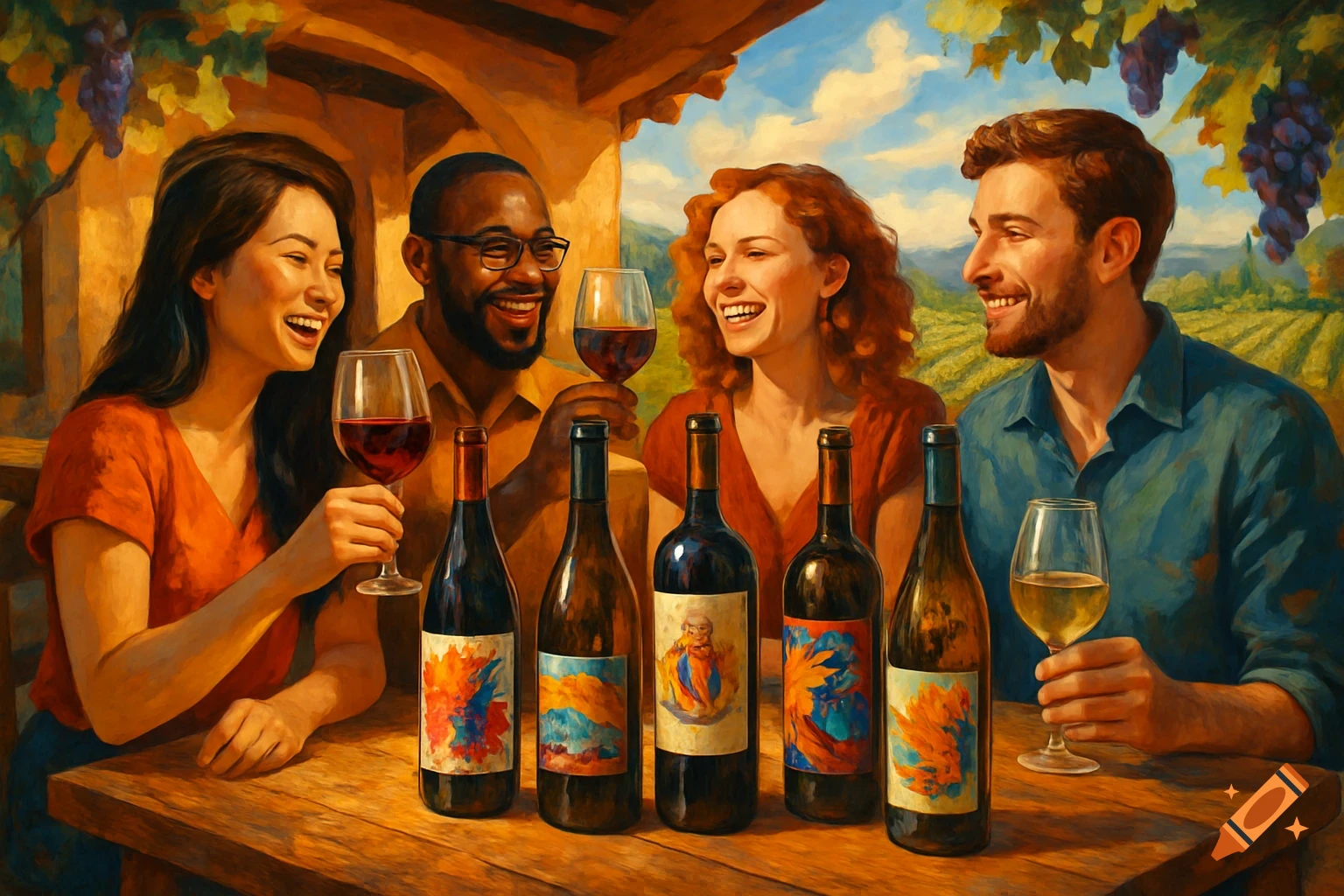 Four smiling people enjoying wine and conversation at a table in a sunny vineyard, with bottles featuring colorful labels, in a painterly style.