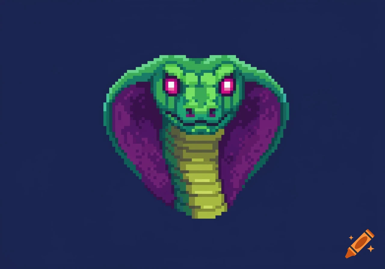 A vibrant pixel art illustration of a green cobra head with bright pink eyes against a dark blue background.