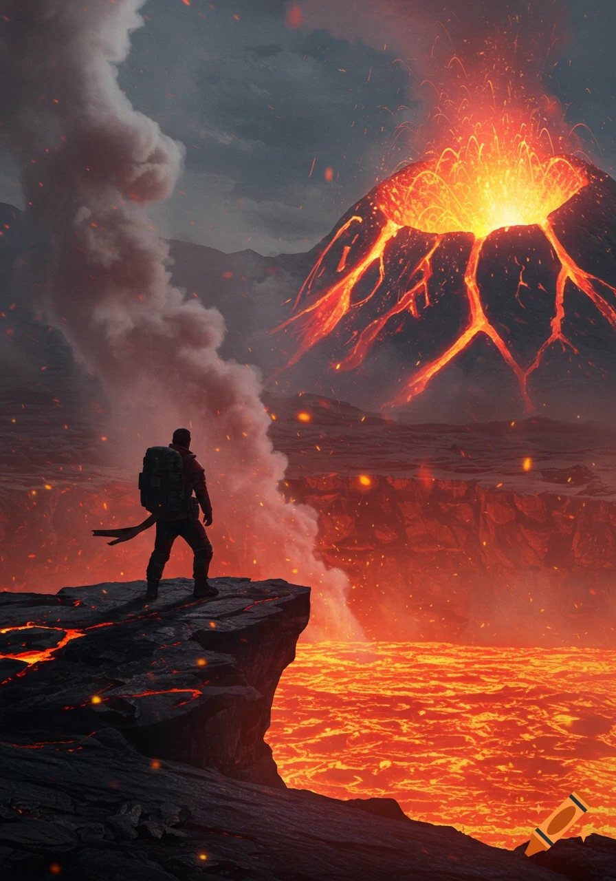 A man stands on a rocky cliff overlooking a vast lava field with an erupting volcano in the background under a cloudy sky.