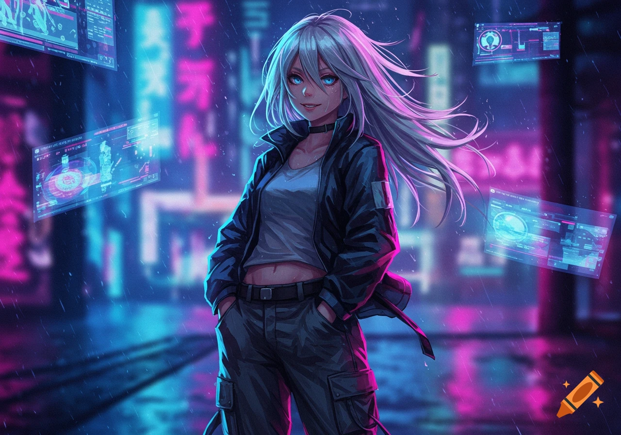 An anime girl with long gray hair and a black jacket stands in a neon-lit cyberpunk city, with holographic screens floating around.