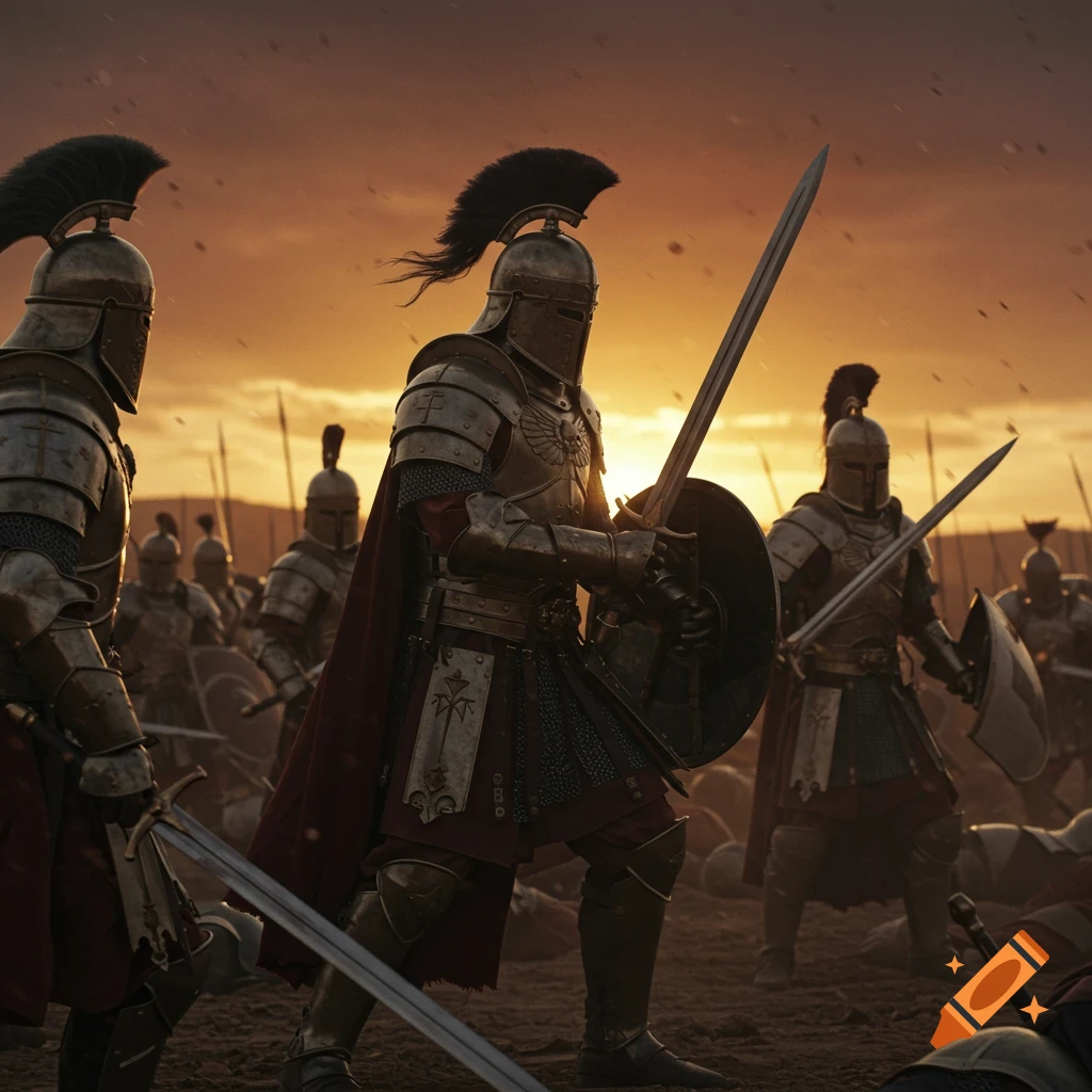 Armored paladins stand on a battlefield at sunset with fallen opponents and other soldiers in the background, in a photorealistic style.
