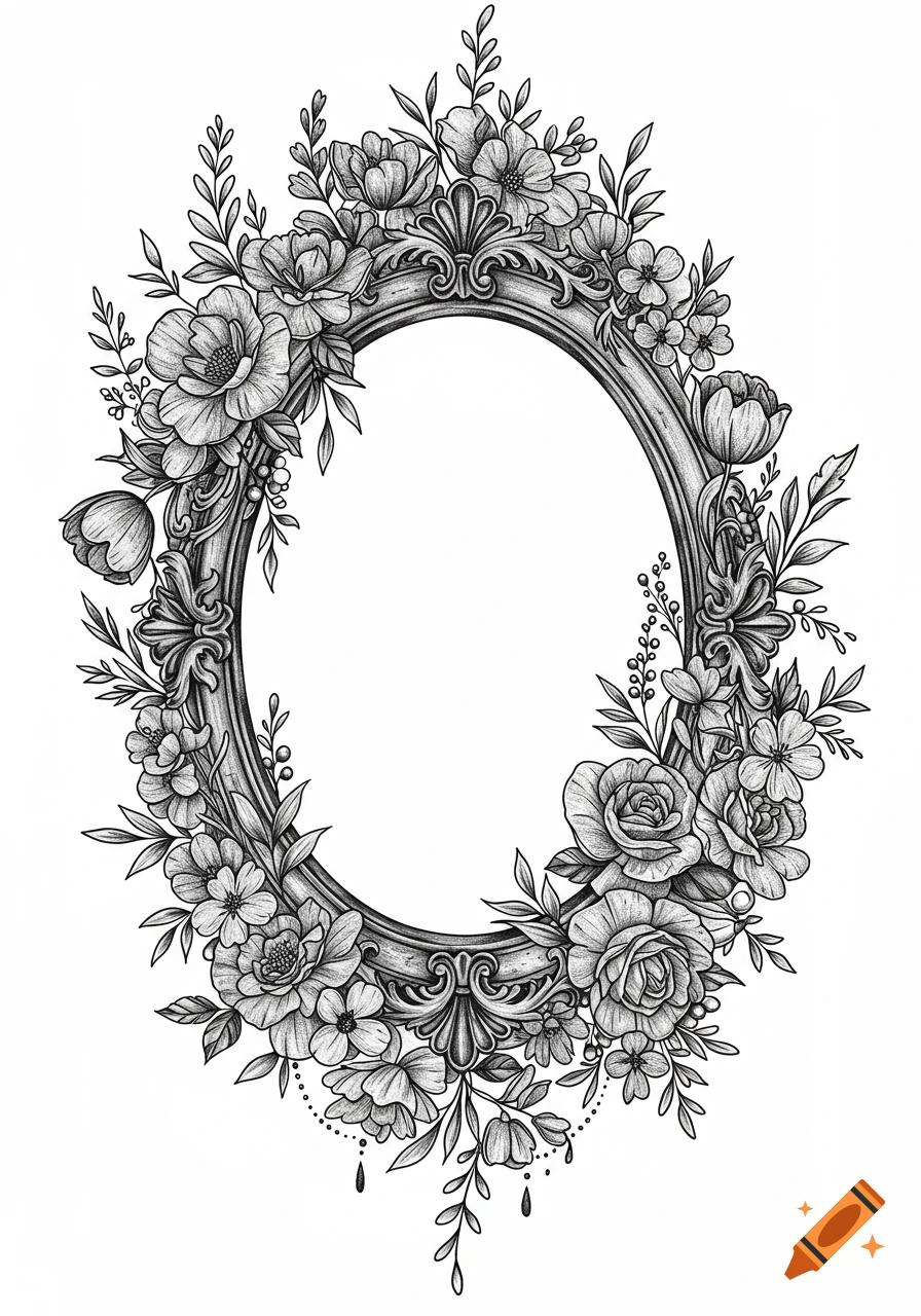 Black and white illustration of an antique oval frame surrounded by detailed flowers and leaves.