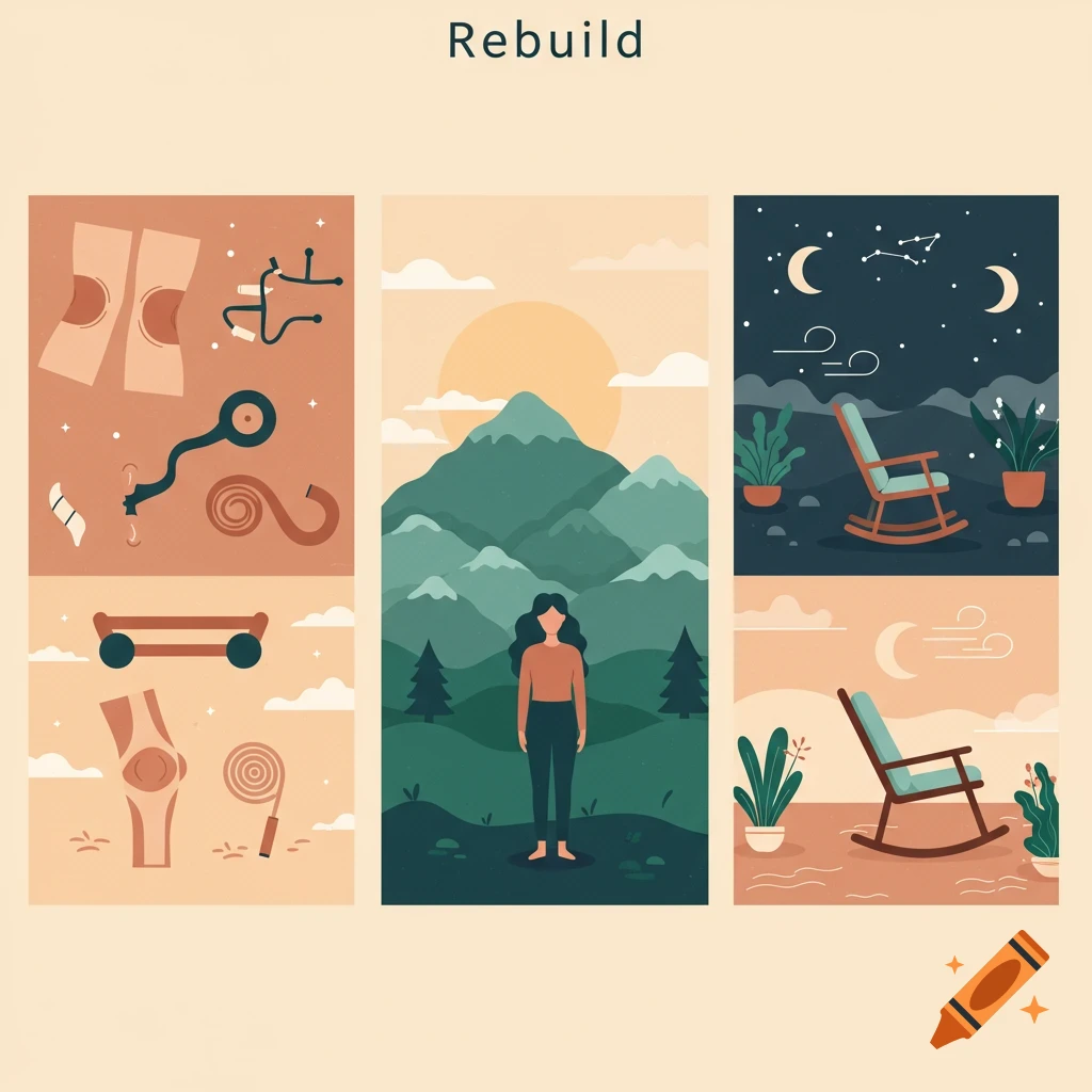 Flat-style digital illustration titled 'Rebuild' with three segments: healing symbols, a woman in mountains, and a rocking chair.