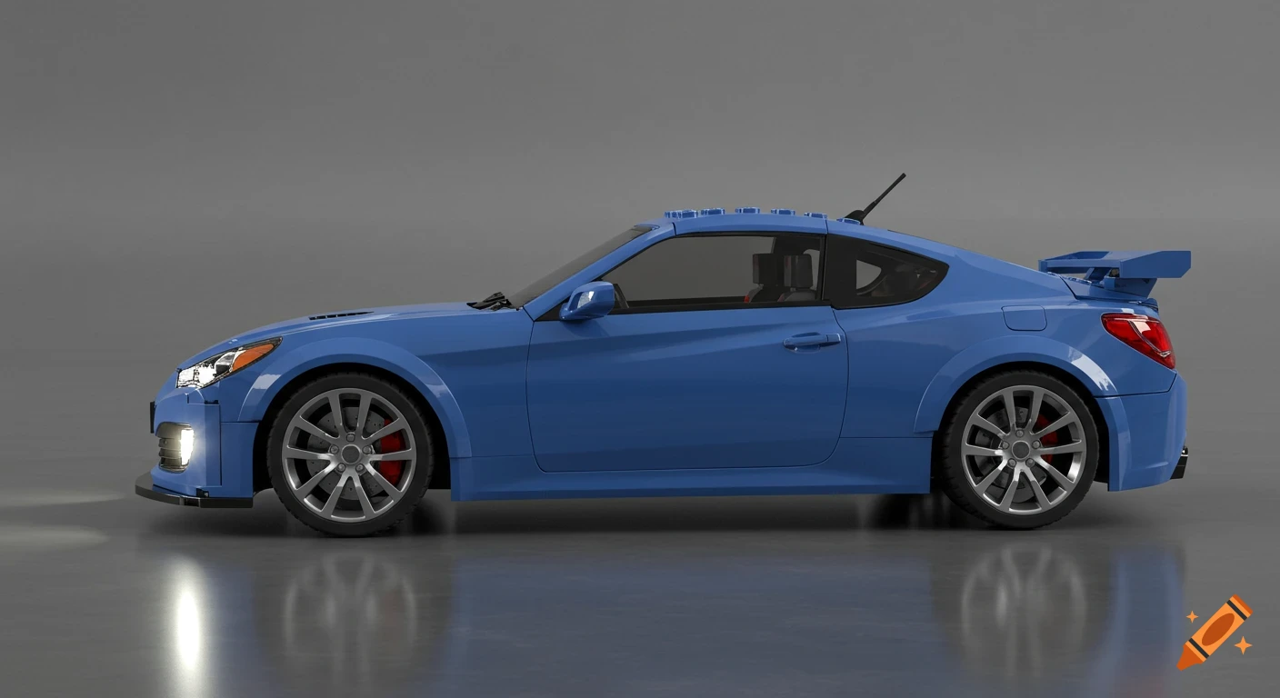 A blue Lego Genesis Coupe car, viewed from the side, on a gray background with reflections.