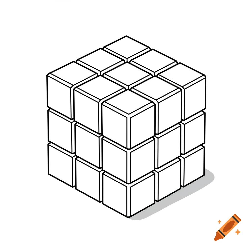 Black and white line drawing of an isometric Rubik's Cube, designed for a coloring book.