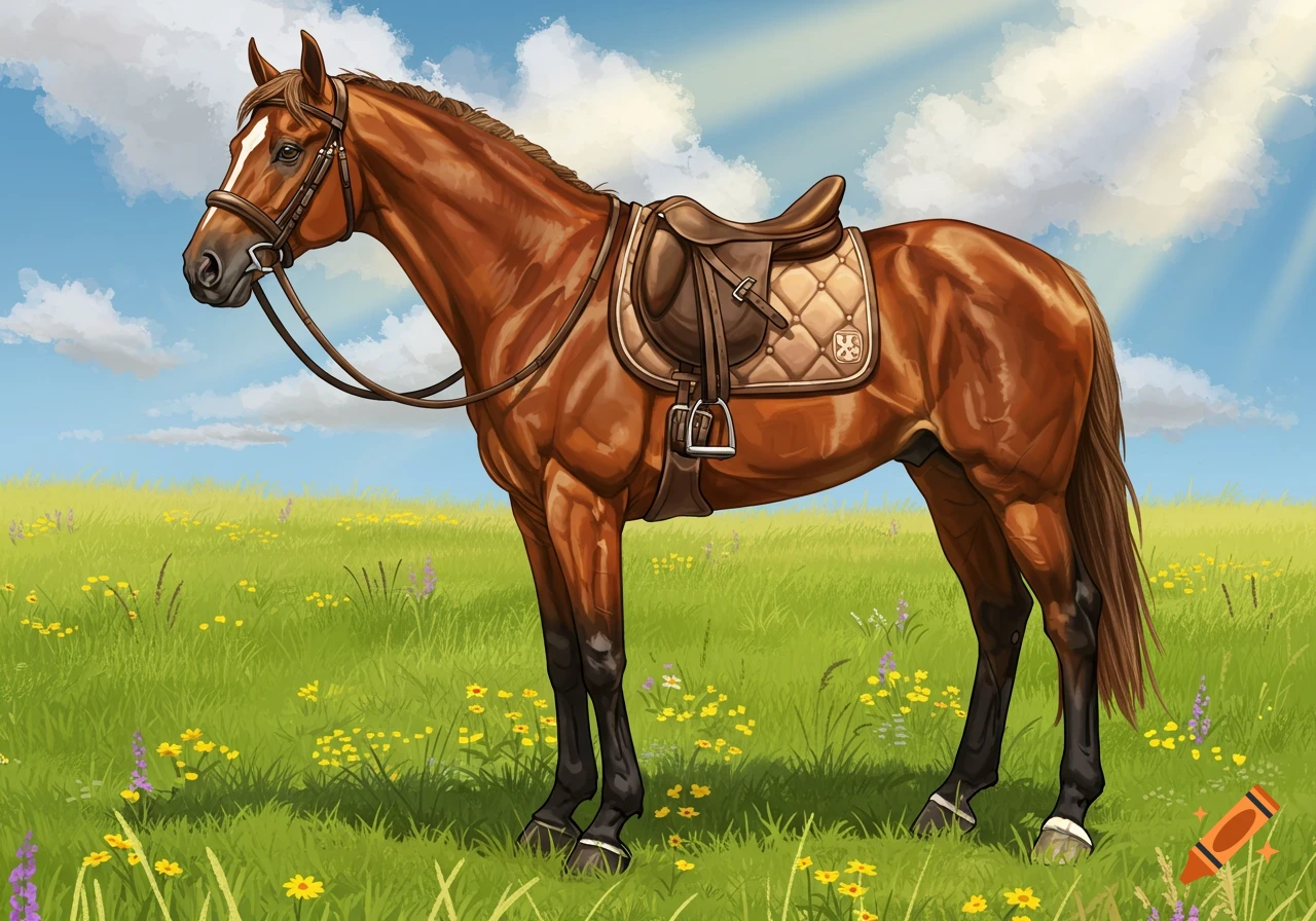 A brown horse wearing a saddle and bridle stands in a green field with yellow and purple wildflowers under a blue sky with white clouds and sun rays, in an illustrative style.