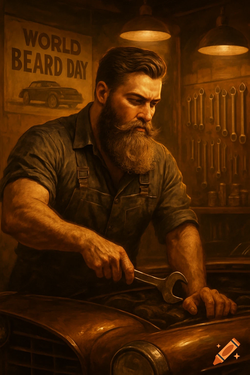 A rugged, bearded man in an apron works on a car engine in a dimly lit, painterly garage, with a 'World Beard Day' poster behind him.