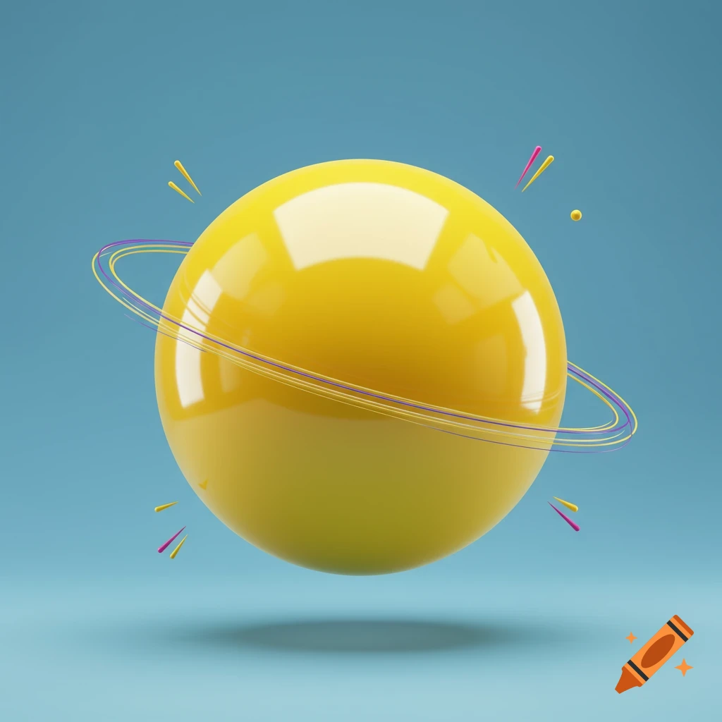 A very shiny and glossy yellow sphere with thin colorful rings orbiting it, floating against a light blue background in a clean 3D render style.
