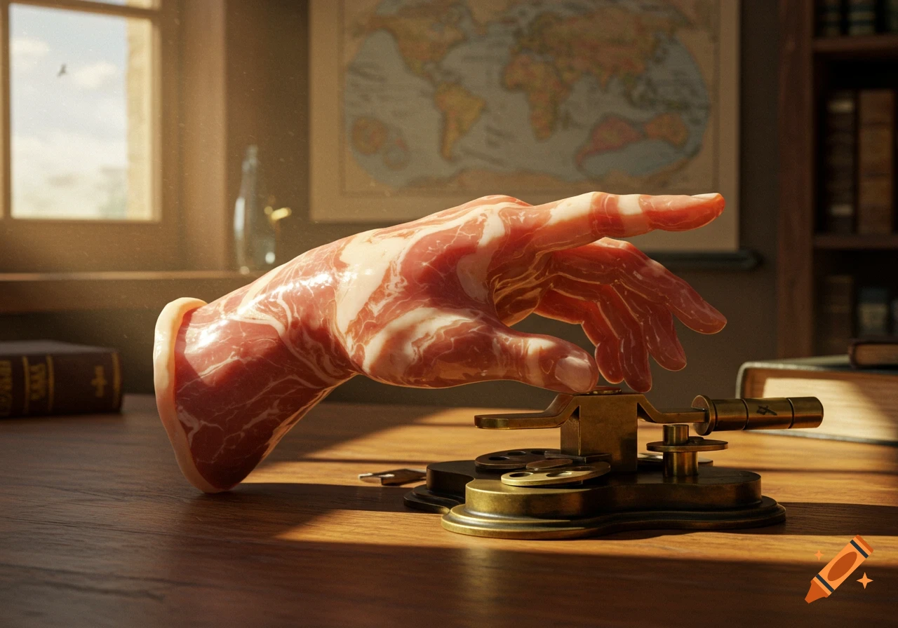 A photorealistic image of a hand made of ham resting on a wooden desk next to a brass telegraph key in a sunlit room with a map and books.
