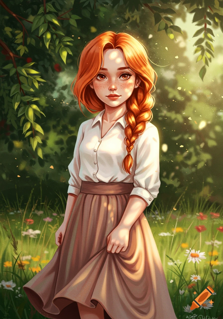 Digital art illustration of a young woman with long braided red hair and freckles, wearing a white shirt and brown skirt, standing in a sunny garden with green foliage and wildflowers.