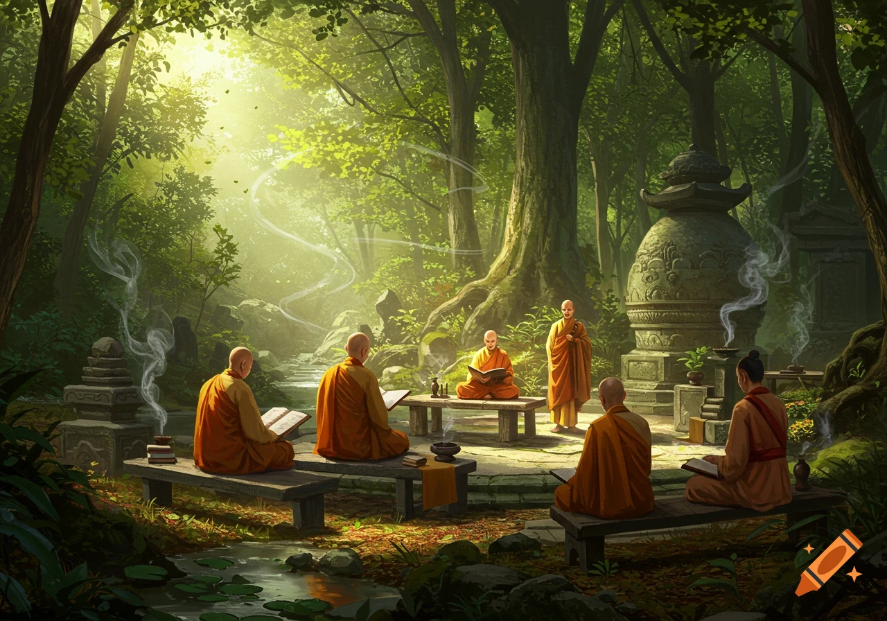 A group of monks in orange robes sit and read books in a lush, sun-dappled forest with ancient stone structures and rising incense smoke.