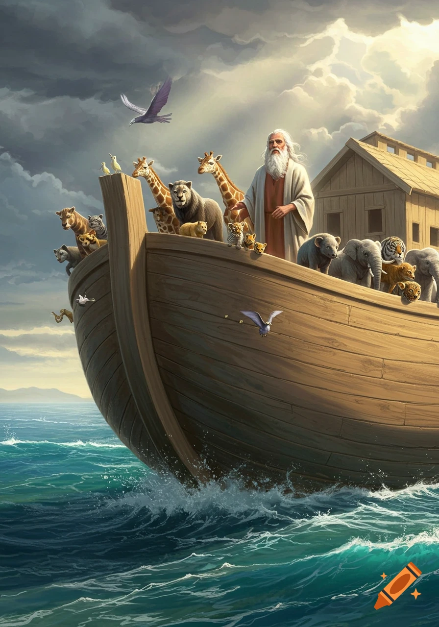 Noah stands on his ark filled with pairs of animals, including giraffes, lions, and elephants, sailing on a stormy sea.