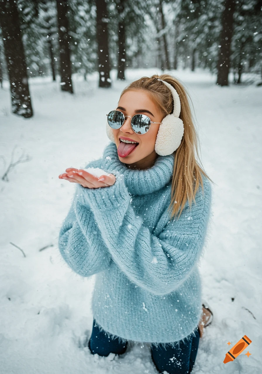 A young woman in a fuzzy blue sweater and earmuffs kneels in a snowy forest, sticking out her tongue to catch snowflakes.