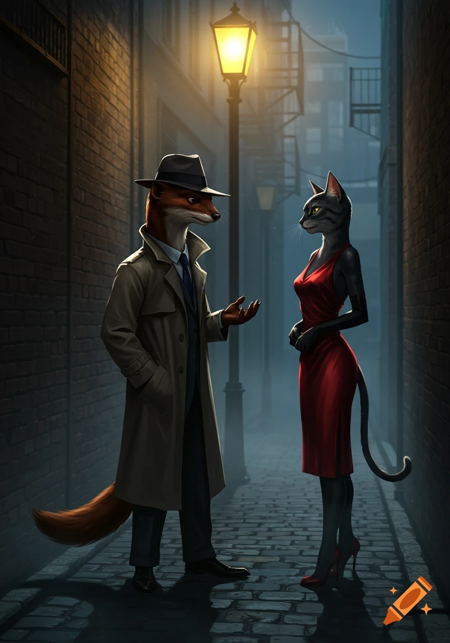 A weasel private eye in a trench coat talks to a cat femme fatale in a red dress in a foggy alley under a lamppost.