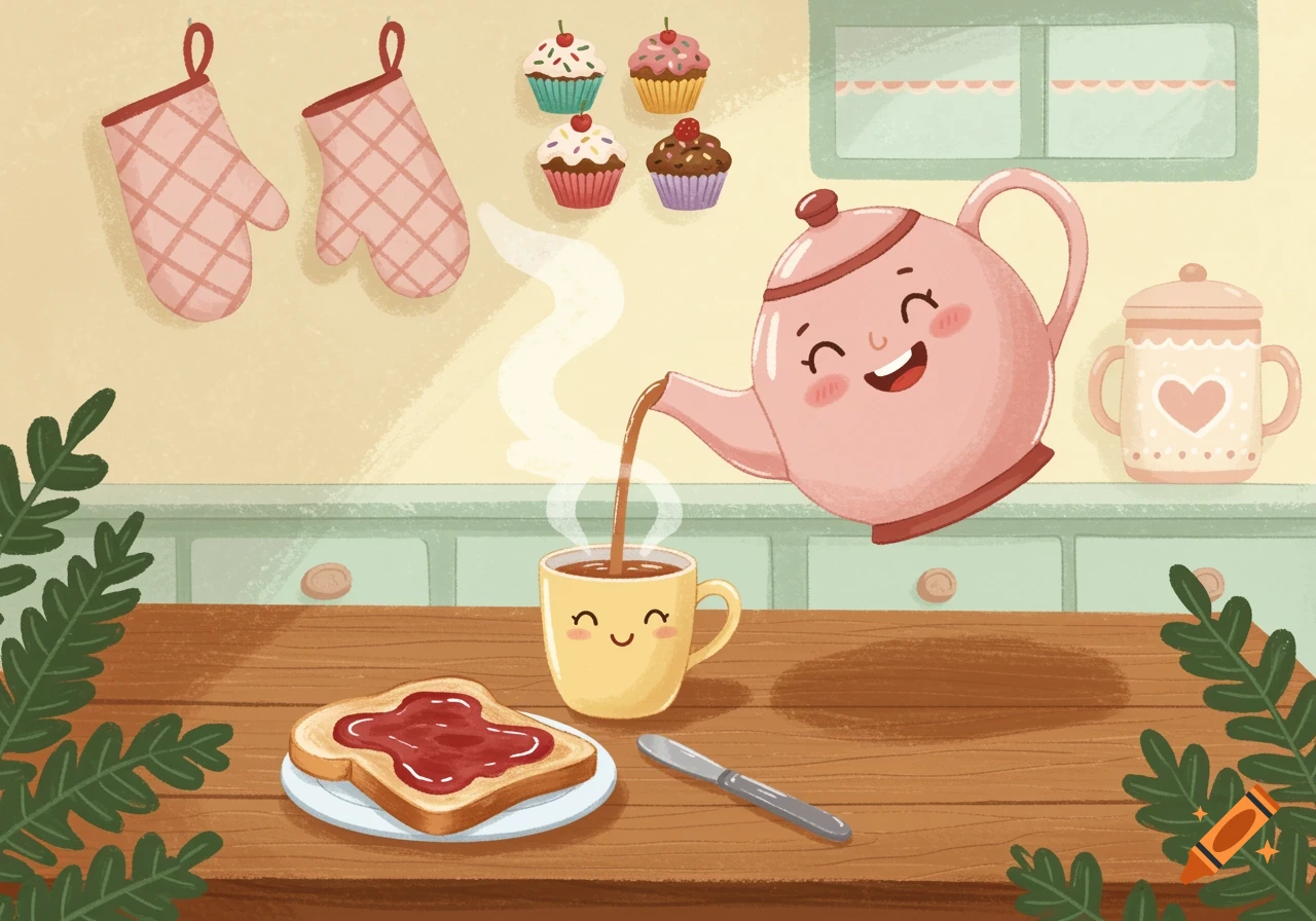 A smiling pink teapot pours a beverage into a smiling yellow mug on a wooden table, next to a slice of toast with jam and a knife. In the background are oven mitts and cupcakes, all in a cute cartoon style.