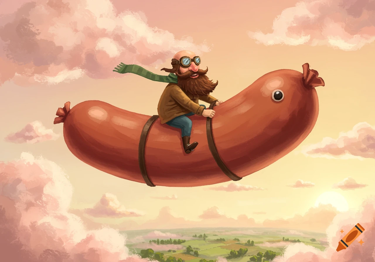 A cartoon bald, bearded man with goggles and a scarf flies through a pink-clouded sky on a giant sausage, over a green landscape.