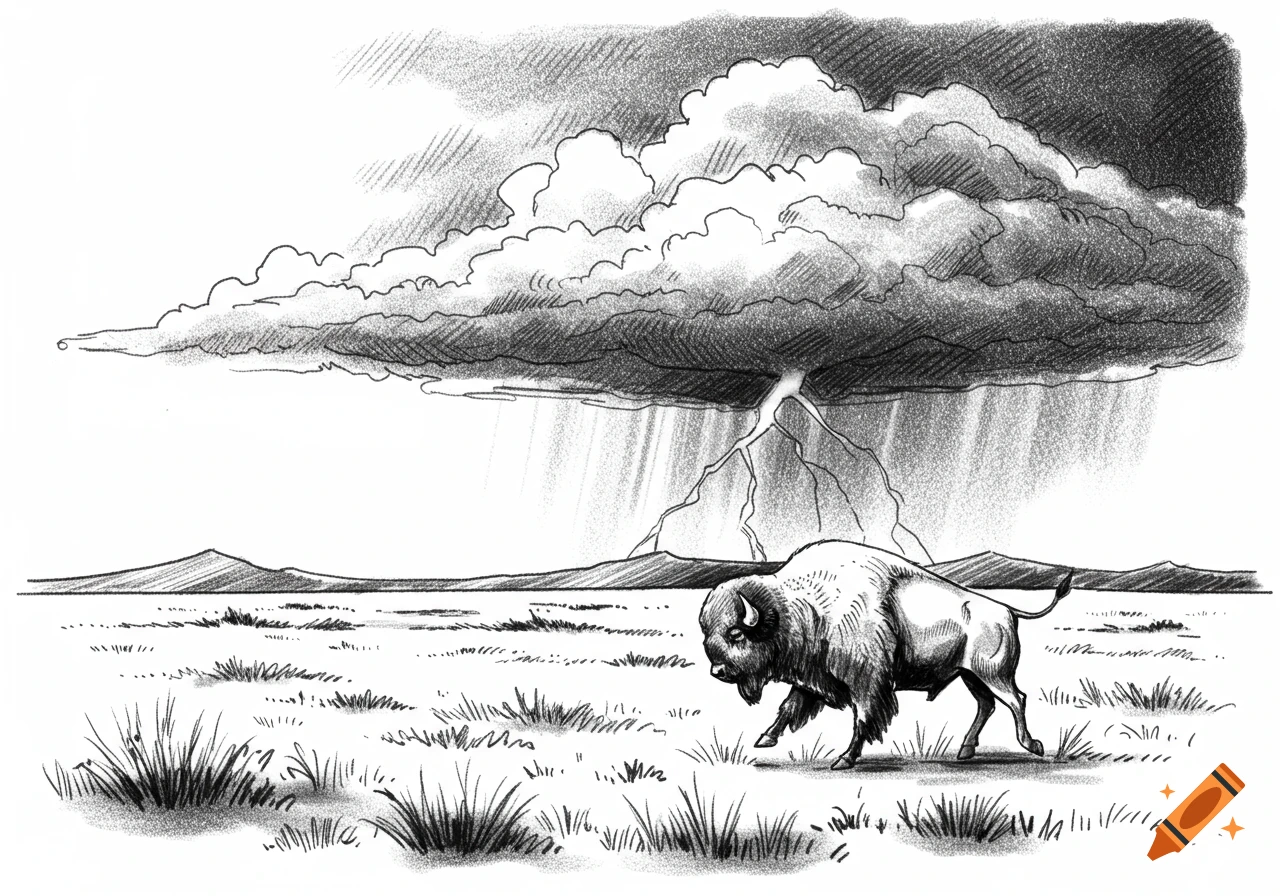 Black and white sketch of a bison running in a field towards a stormy sky with lightning.