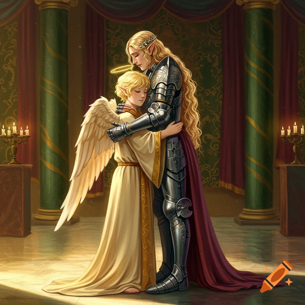 An angelic figure with wings and a halo embraces a knight in full armor within a grand, candlelit hall, in a classical painting style.
