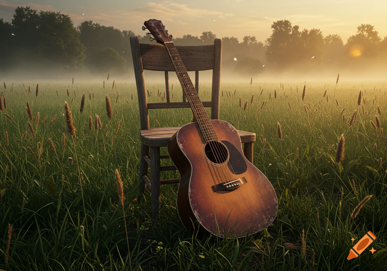 An acoustic guitar with a worn finish leans against a wooden chair in a misty, sunlit field of tall grass with trees in the background.