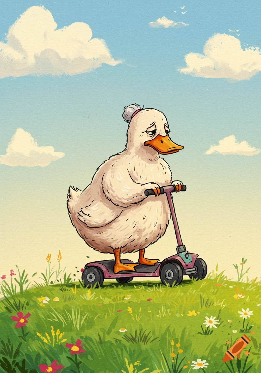 A sad, plump, cartoon duck with hair in a bun rides a pink mobility scooter on a grassy hill under a blue sky.