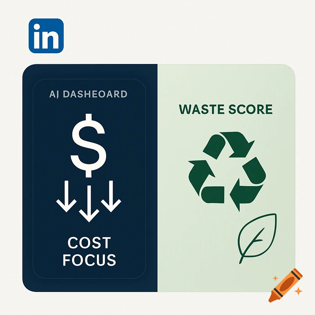 A professional graphic split into two sections. The left, dark blue, shows a dollar sign with downward arrows and 'Cost Focus' text. The right, light green, shows a recycling symbol, a leaf icon, and 'Waste Score' text. A LinkedIn logo is in the top left corner.