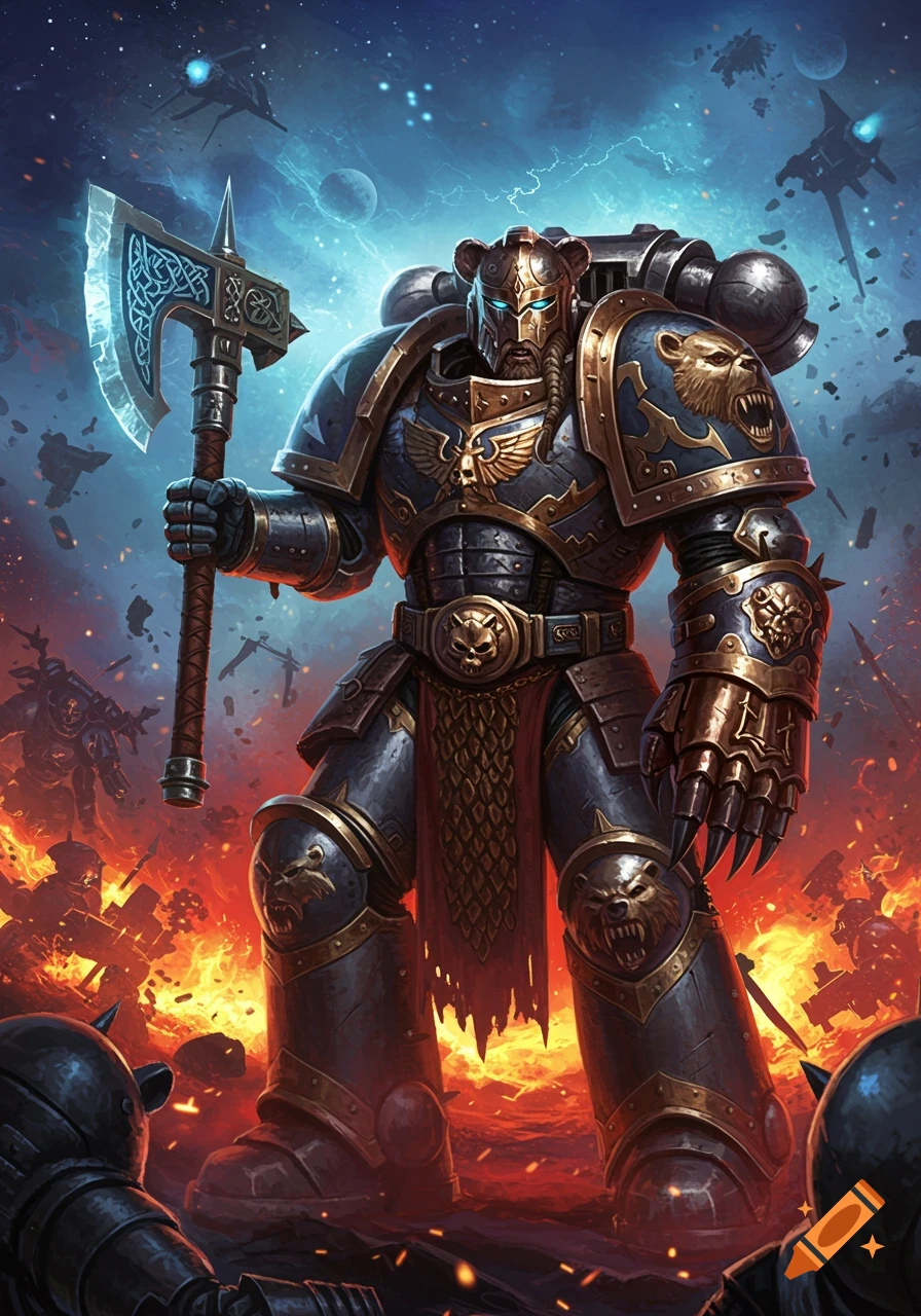 A powerful Space Marine in black and gold bear-themed armor with a glowing axe stands on a fiery battlefield under a starry, space-faring sky.