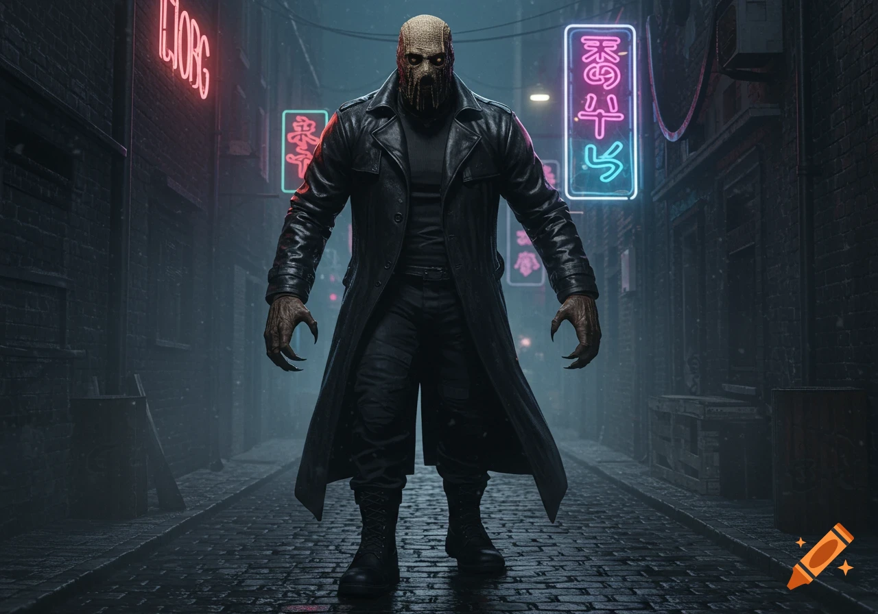 A menacing, masked figure with clawed hands in a leather trenchcoat stands in a dark, neon-lit cyberpunk alley during snowfall.