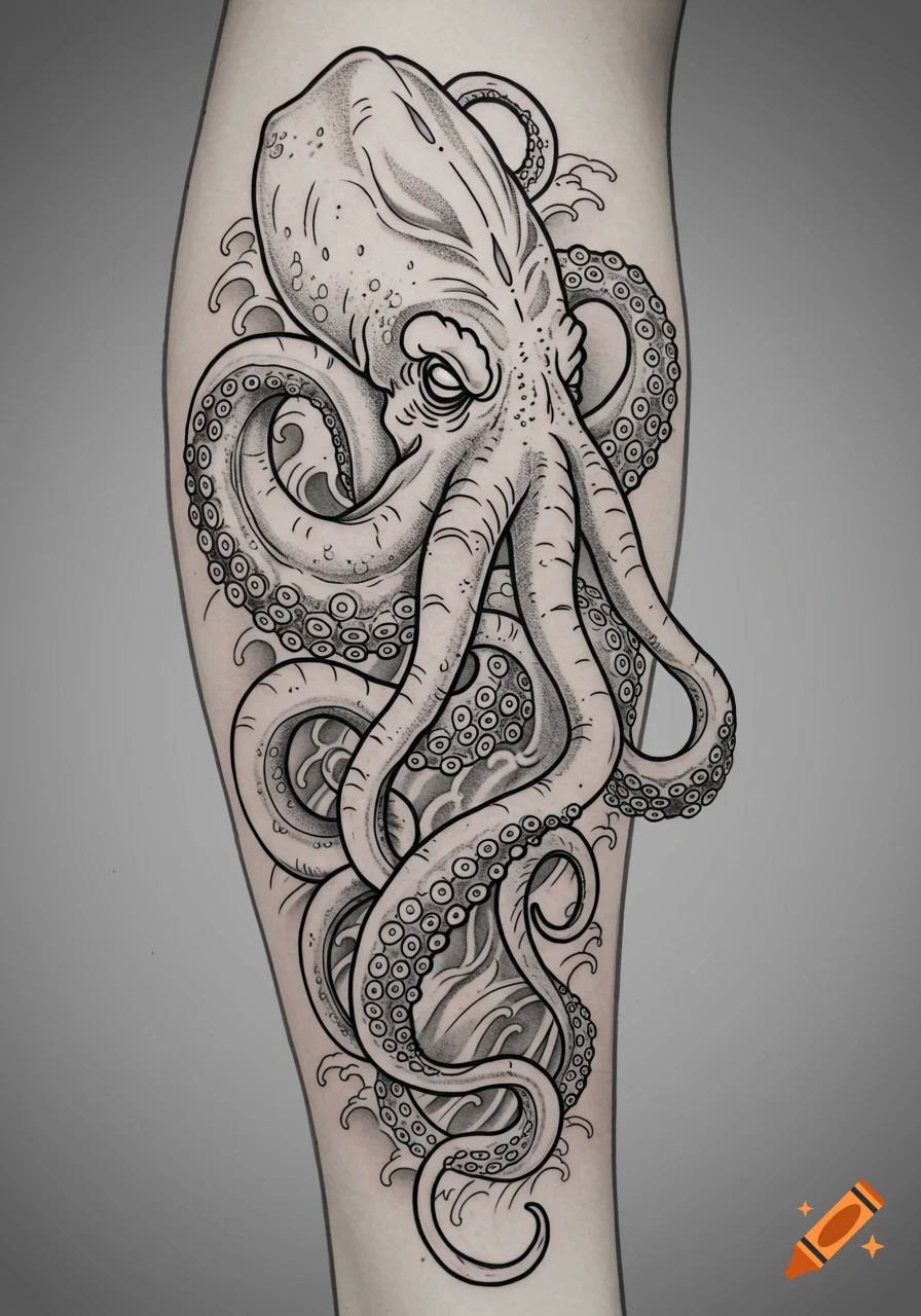 A black and white line drawing of a kraken, or giant octopus, designed as a  tattoo on a leg. on Craiyon, image size:896x1280