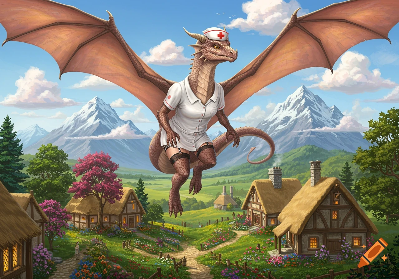 A large brown dragon wearing a white nurse uniform and fishnet stockings flies over a picturesque village with thatched-roof houses and snow-capped mountains.