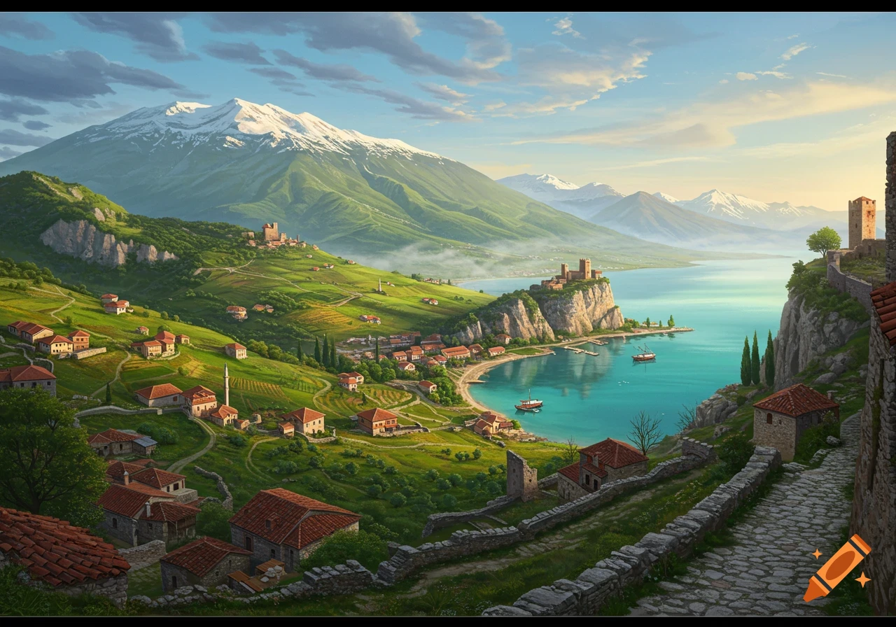 A vibrant illustration of a scenic coastal village with red-roofed houses on green hills, overlooking a turquoise bay with boats and castles, backed by snow-capped mountains.