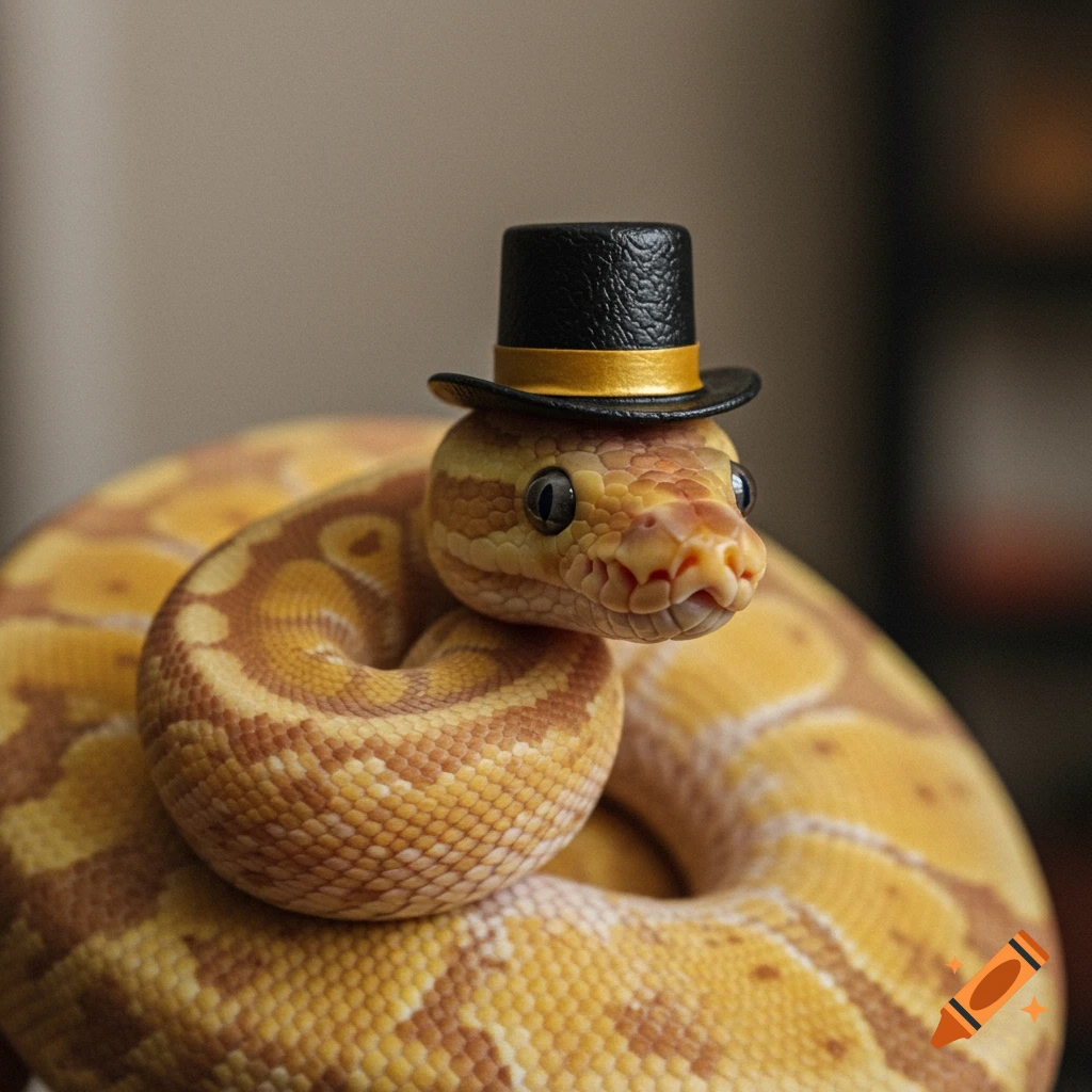 Close-up photorealistic image of a banana cinnamon ball python coiled and wearing a miniature black top hat with a gold band.