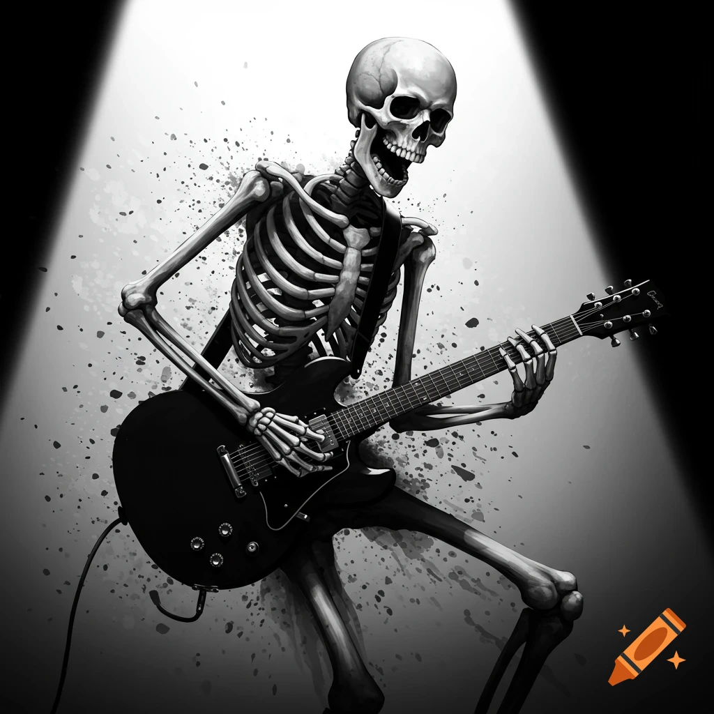 A black and white image of a skeleton playing an electric guitar under a spotlight, with paint splatter effects.