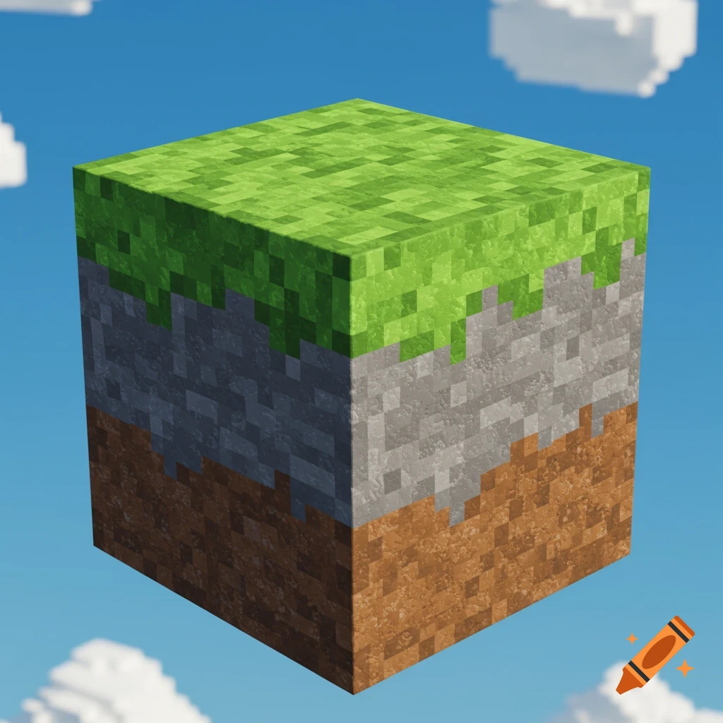 A floating Minecraft grass block against a blue sky with pixelated clouds.