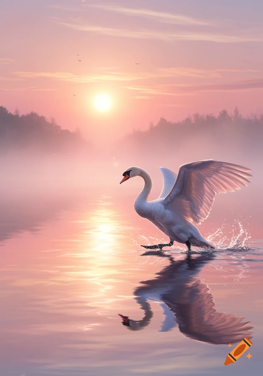 A white swan takes off from misty water, wings spread, as the sun rises over a tranquil lake with trees in the background.