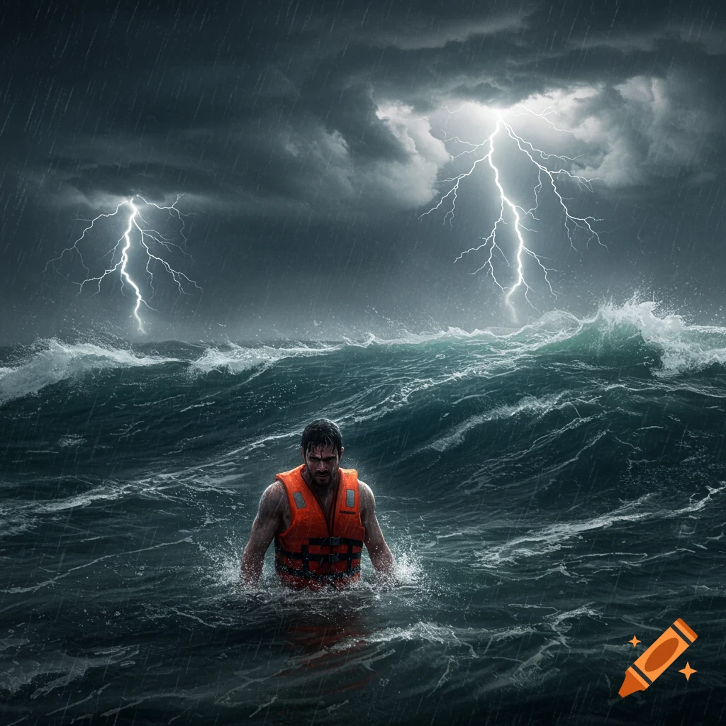 A man in an orange life vest struggles in a stormy, dark ocean with heavy rain and lightning, appearing photorealistic.