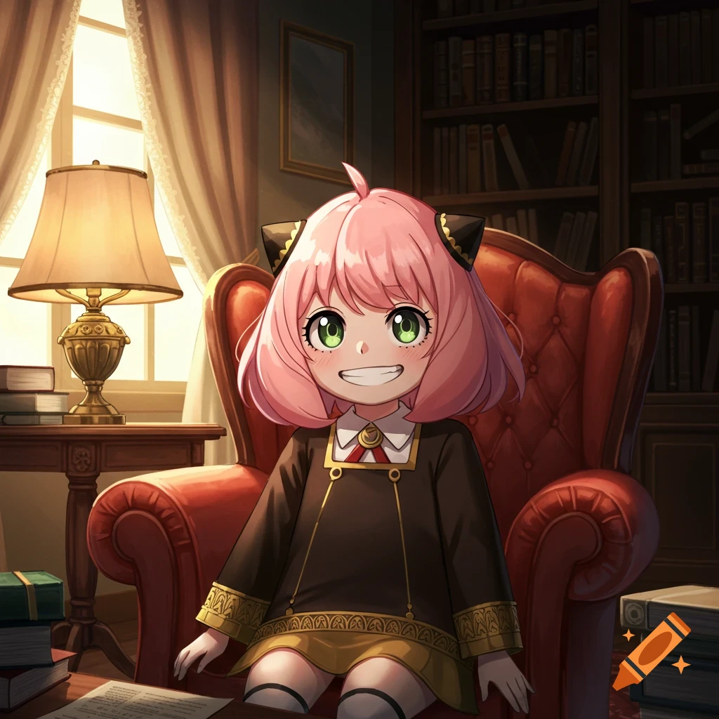 Anime illustration of smiling Anya from Spy x Family in a red armchair in a cozy room with bookshelves.