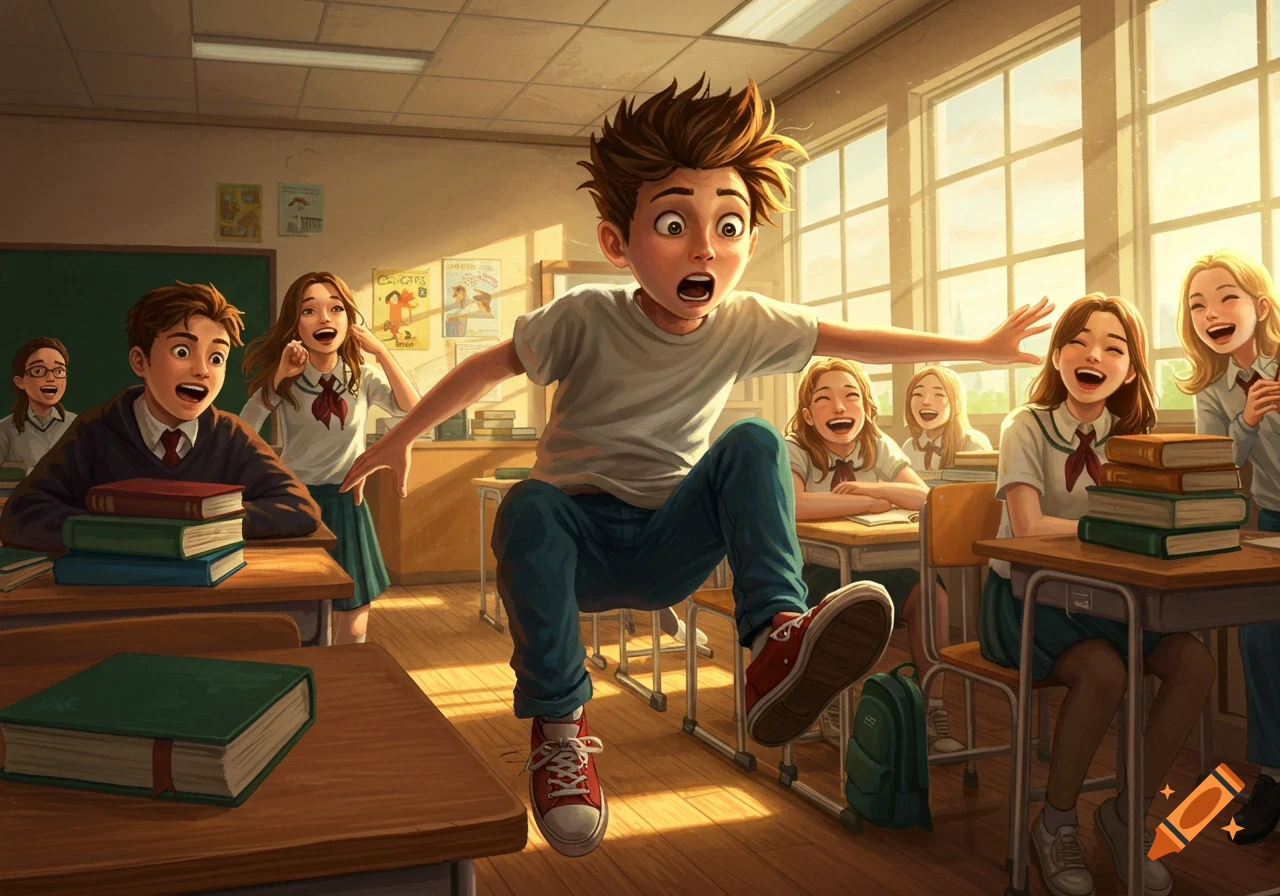 An illustration of a boy tripping in a school classroom as other students laugh.