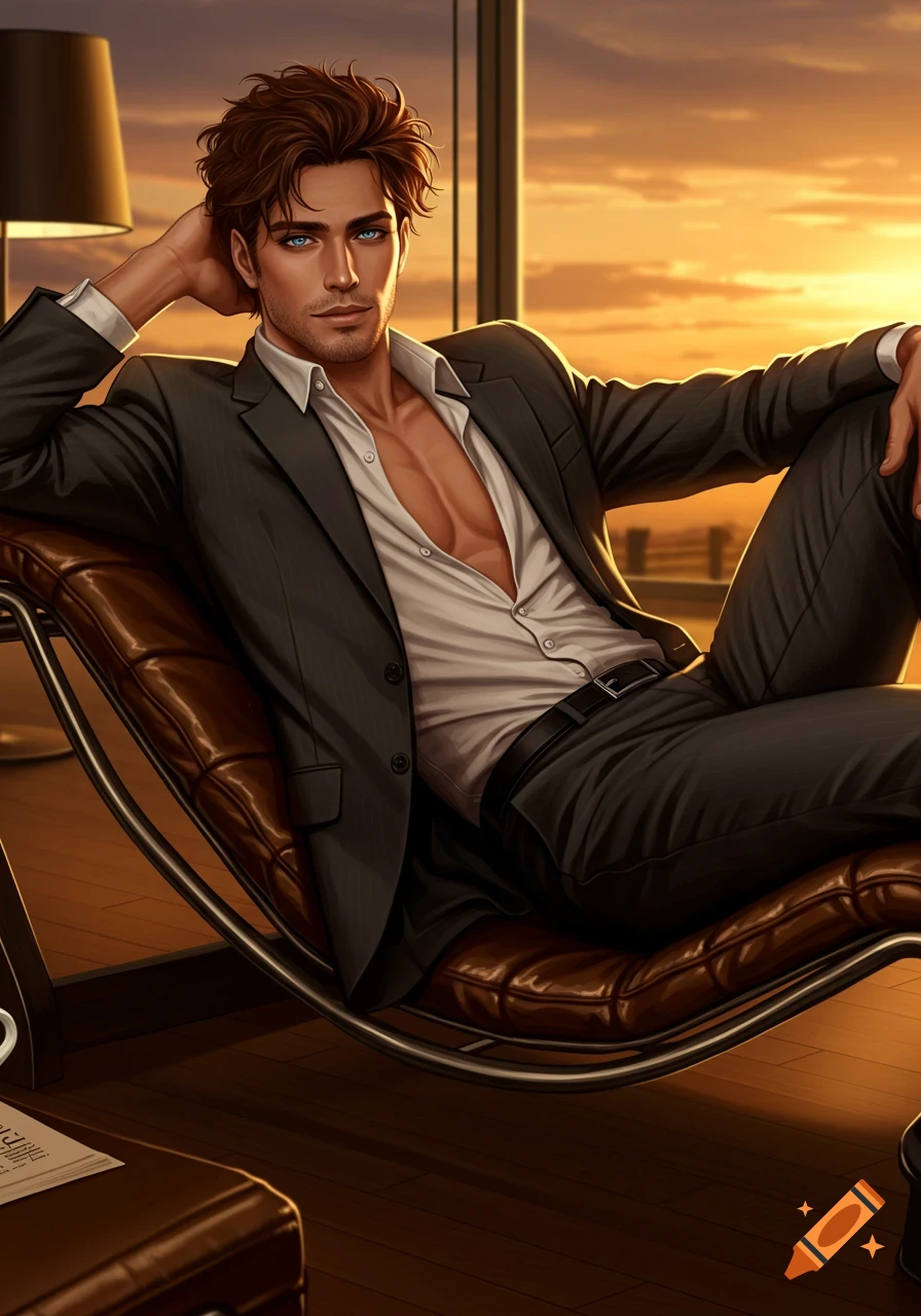 A digitally rendered man with brown hair and blue eyes, wearing an unbuttoned suit, lounges in a leather chair at sunset.