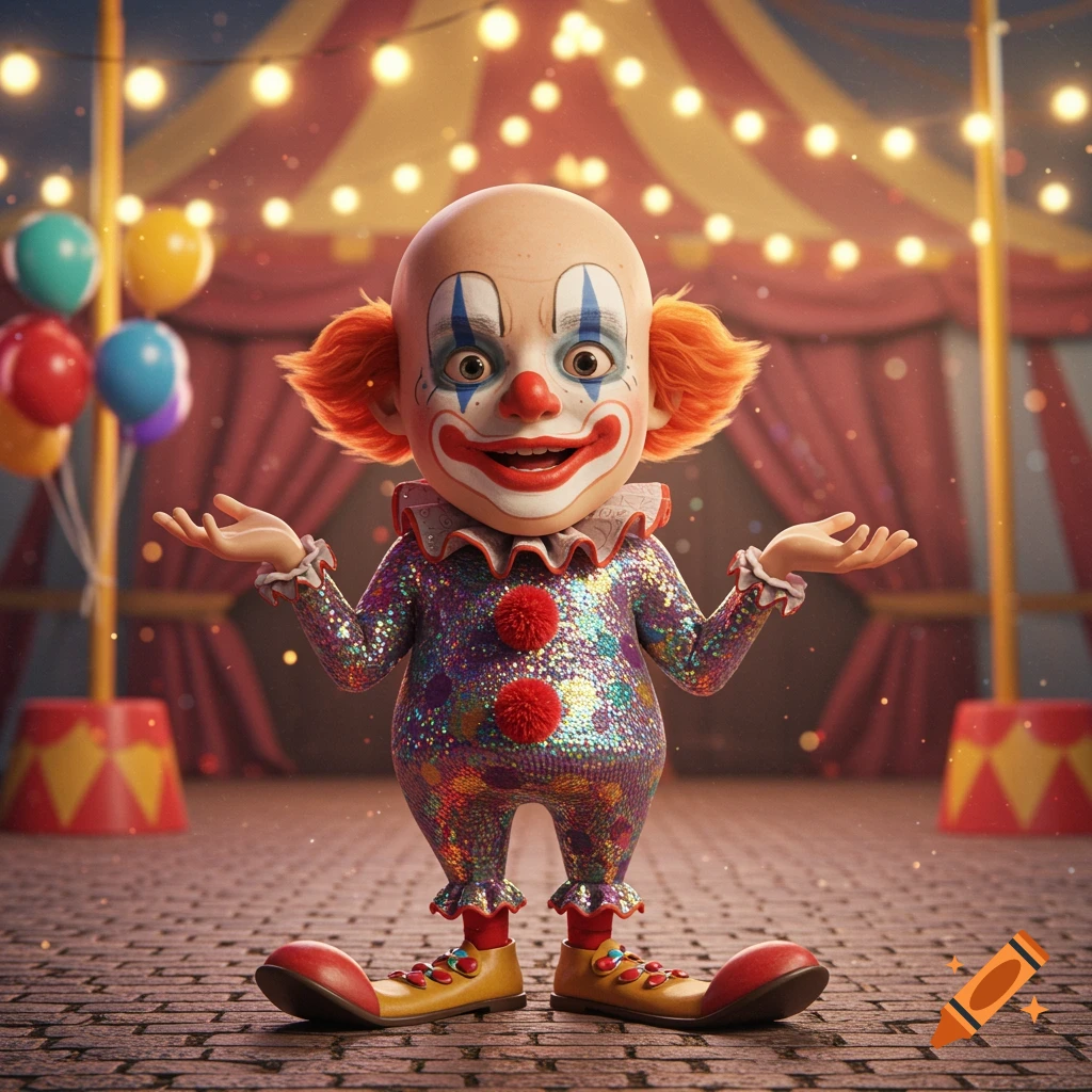 A glittery bald clown with orange hair, big shoes, and a red nose, standing in a circus tent with lights and balloons.