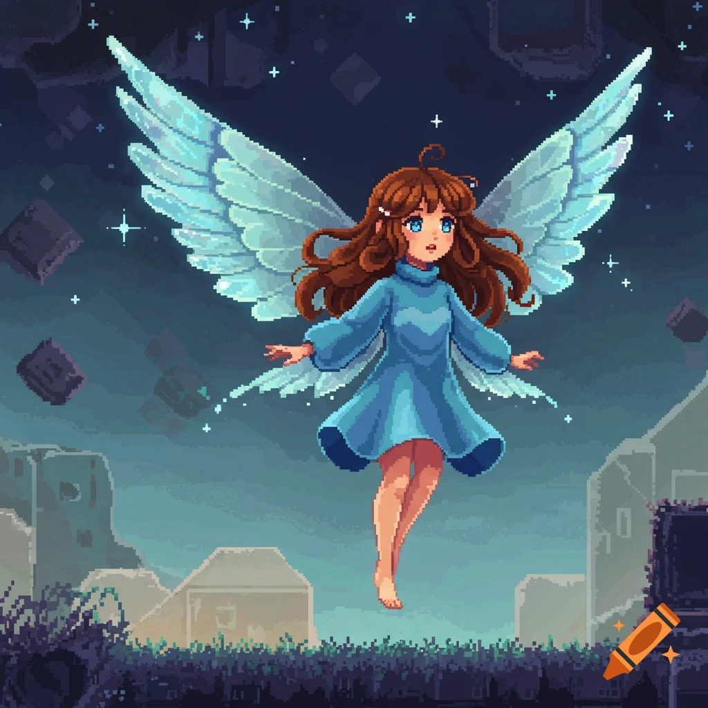 Pixel art of a brown-haired, blue-eyed fairy girl with blue wings and a blue dress, floating above ruins and sparkling stars.