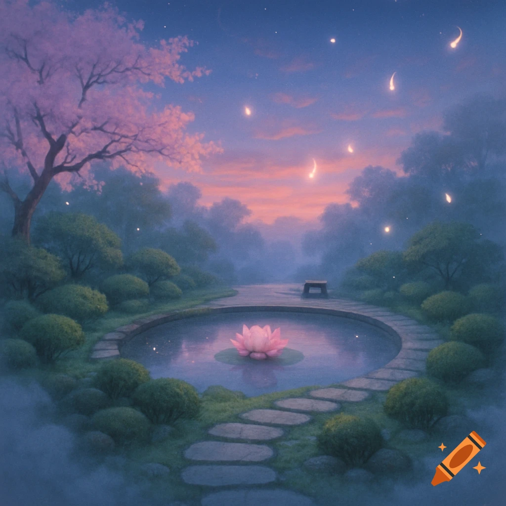 A serene twilight garden with a pink lotus in a pond, surrounded by green shrubs, a cherry blossom tree, and glowing fireflies.