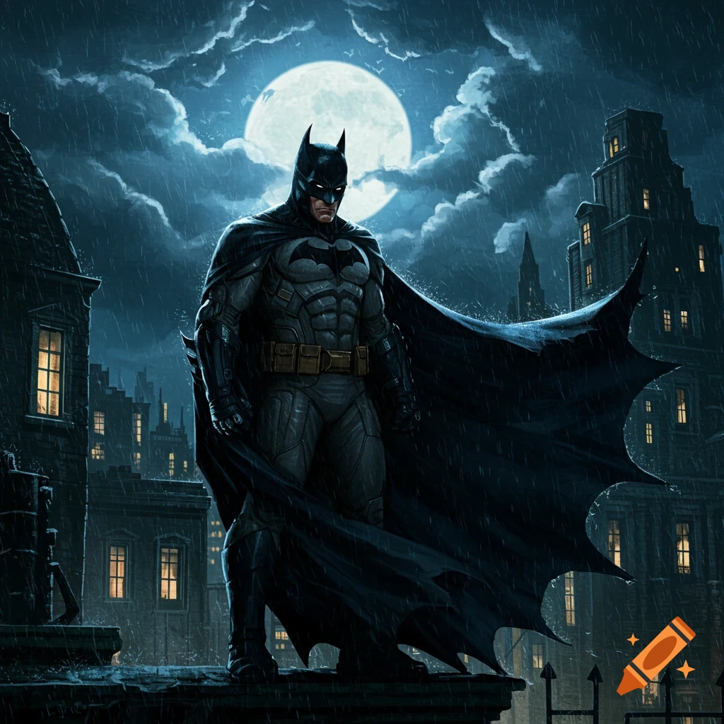 Batman stands on a rainy rooftop overlooking a dark city under a full moon, with his cape billowing.