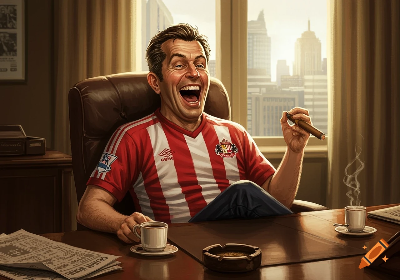 A man resembling J. Jonah Jameson in a red and white striped Sunderland football shirt laughs while smoking a cigar at his office desk. Illustrative style.
