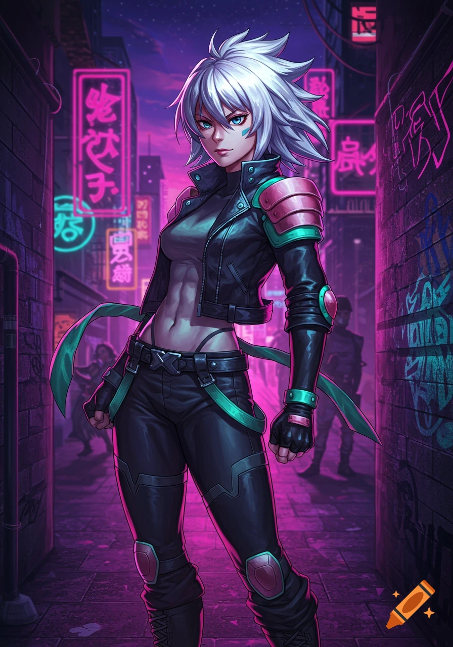 A silver-haired anime tomboy in a black jacket and pants with teal accents stands in a neon-lit alleyway.