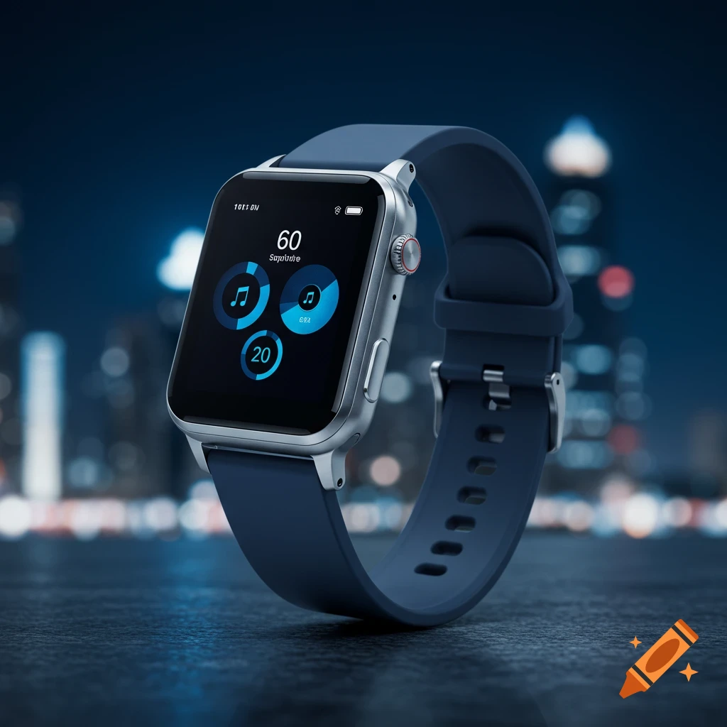 A silver smartwatch with a dark blue band displays a screen with time, heart rate, and music controls, set against a blurred city night background.